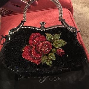 NWOT Letty Black Beaded Handbag with Crystal Rose